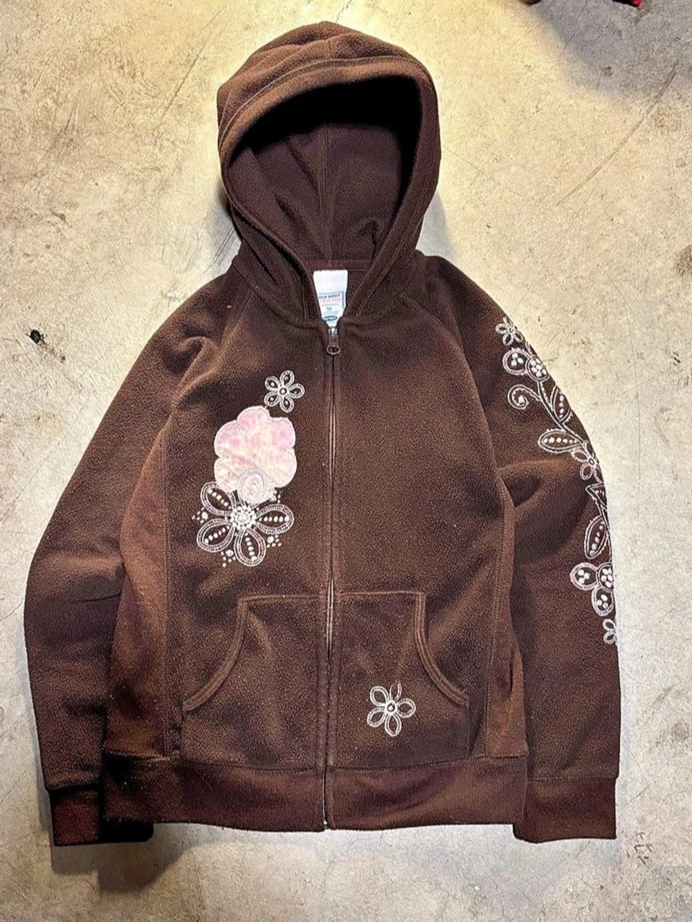Y2K Old Navy Brown Fleece Zip Up Hoodie with White Floral Embroidery and Pink Fl